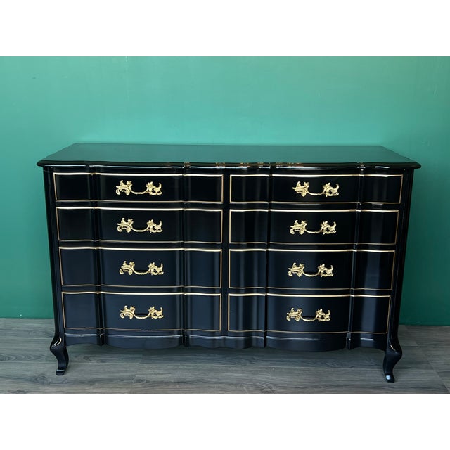 1970's High Gloss Black Lacquered French Provincial Dresser of Nine Drawers For Sale - Image 12 of 16