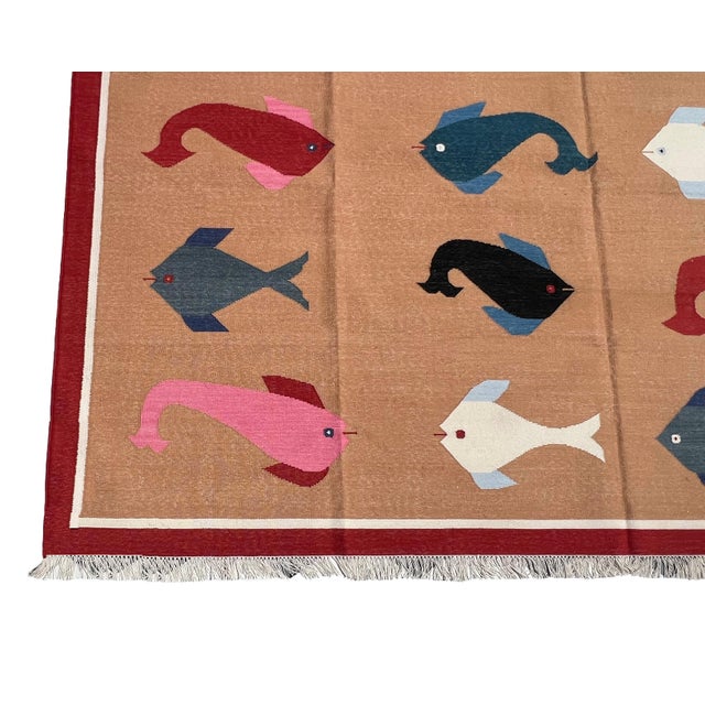 Handmade Cotton Vegetable Dyed Flat Weave Area Rug, Tan, Red Fish Patterned Dhurrie - 9'x12' For Sale - Image 13 of 16