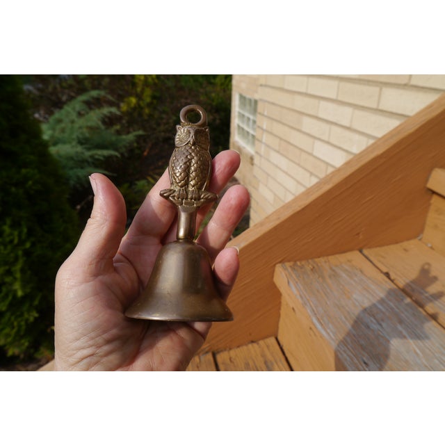 VTG Patina Heavy Solid Brass School Bell W Embossed Figural Owl Shape Handle For Sale In Boston - Image 6 of 10