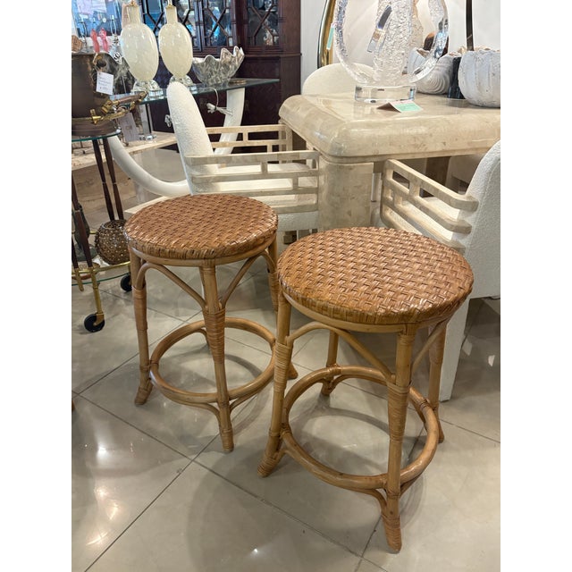 Vintage Pair Palm Beach Coastal Rattan Woven Stools Benches For Sale - Image 9 of 9