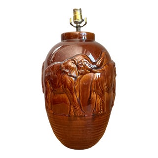 Vintage Brown Glazed Ceramic Elephant Lamp For Sale