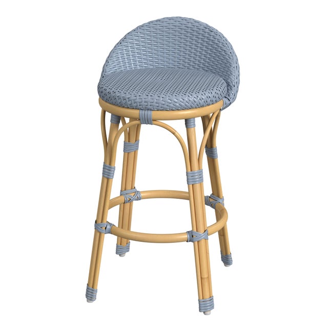 Blue Tobias 24.5 in. Seat Height Outdoor Rattan and Metal Low Back Counter Stool, Baby Blue/ Natural Rattan Frame For Sale - Image 8 of 8