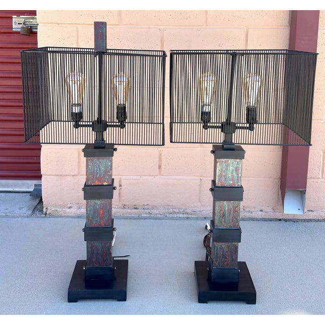 Metal Industrial Style Table Lamp W/Metal Cage Shade For Sale - Image 7 of 10