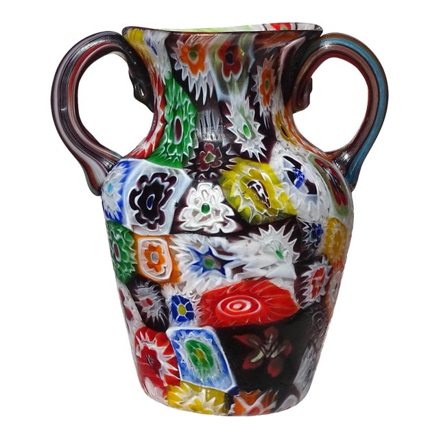 Fratelli Toso Murano Antique Millefiori Flowers Mosaic Italian Art Nouveau Floral Pattern Glass Cabinet Vase For Sale