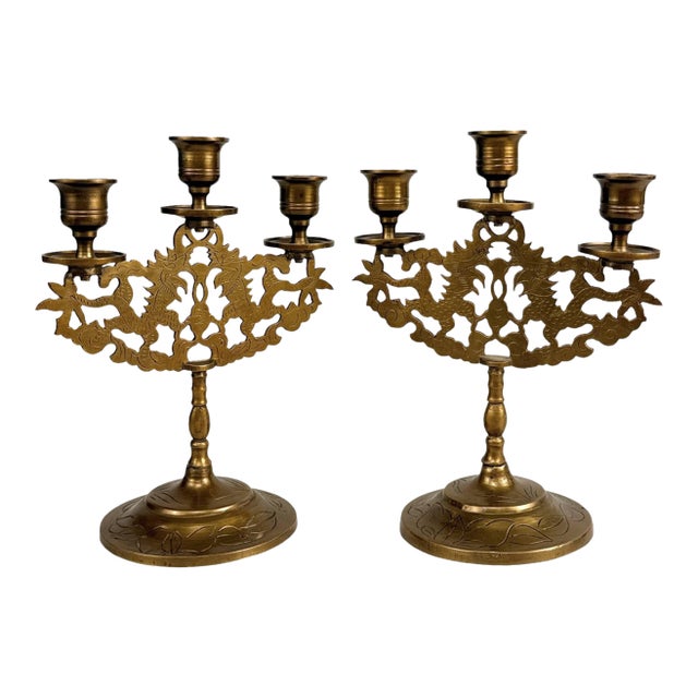 Vintage Chinese Chinoiserie Brass Dragon Candlestick Candelabra - A Pair For Sale