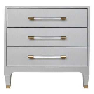 Matthew Izzo Home Amber Light Gray Shagreen Three Drawer Side Table With Acrylic and Antique Brass Drawer Pulls For Sale