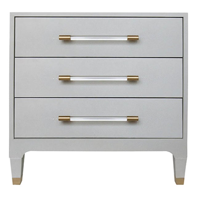 Matthew Izzo Home Amber Light Gray Shagreen Three Drawer Side Table With Acrylic and Antique Brass Drawer Pulls For Sale