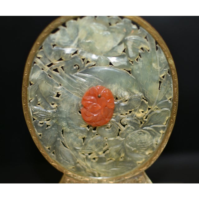 Transparent Pair Antique Chinese Serpentine Jade Red Agate Engraved Brass Bookends For Sale - Image 8 of 13