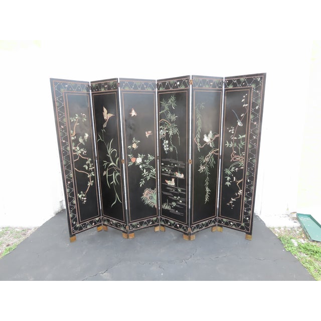 Hollywood Regency Asian Oriental Tall Six Panel Hand Painted Privacy Screen Room Divider 6439 For Sale - Image 3 of 18