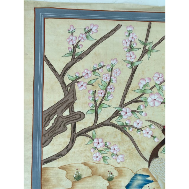 Blue 1990s Blossoms and Cranes in Harmony Gouache Painting on Old Silk"32x44 Inches " For Sale - Image 8 of 10