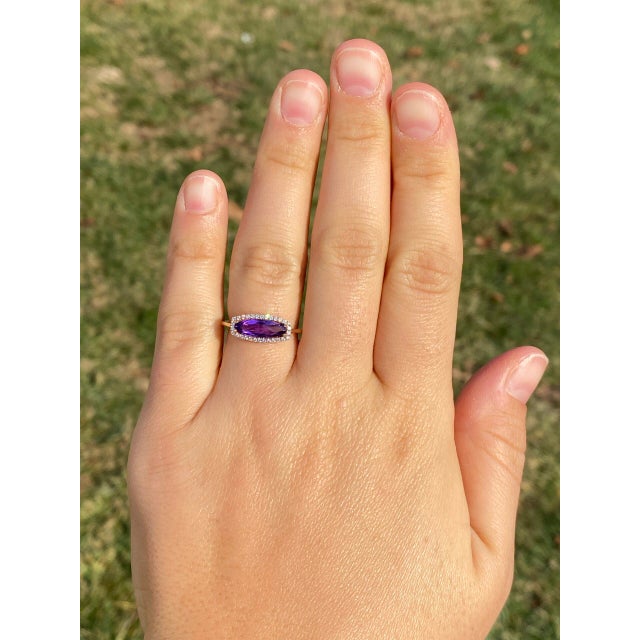 The 93rd Avenue: Contemporary Checkerboard Cut Elongated Amethyst and Natural Diamond Halo Ring in Rose Gold For Sale - Image 10 of 11