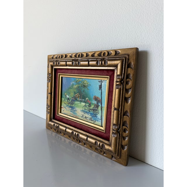 1970s Vintage Asian Rickshaw Street Scene Oil Painting on Plywood – Framed For Sale - Image 4 of 8