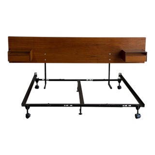 Teak Queen Size Bed Frame Headboard Floating Nightstands Denmark Mid-Century Modern 1970s For Sale