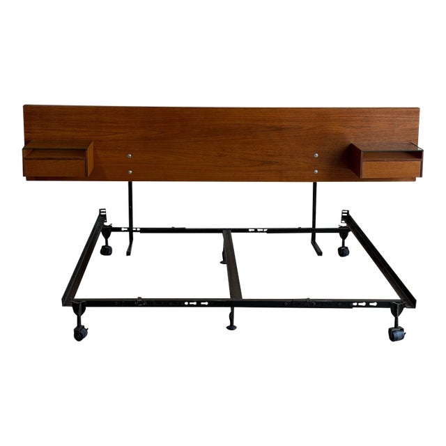 Teak Queen Size Bed Frame Headboard Floating Nightstands Denmark Mid-Century Modern 1970s For Sale