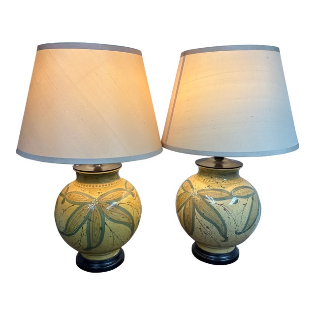 Botanical Ceramic Ginger Jar Table Lamps, Pair For Sale