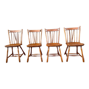 Early 20th Century Set of Four Antique Early American Style Solid Maple Thick Seat Brace Back Windsor Dining Chairs