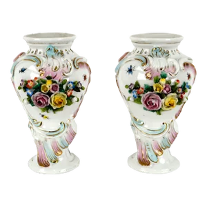 Austrian Royal Vienna Porcelain Encrusted Floral Vases - a Pair