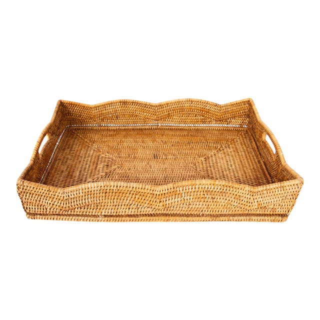 Artifacts Rattan Scallop Collection Rectangular Tray in Honey Brown - 22" For Sale