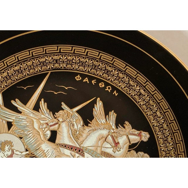 Mediterranean Greek Warriors Black With 24k Gold Porcelain Decorative Wall Plate 1970's For Sale - Image 3 of 13