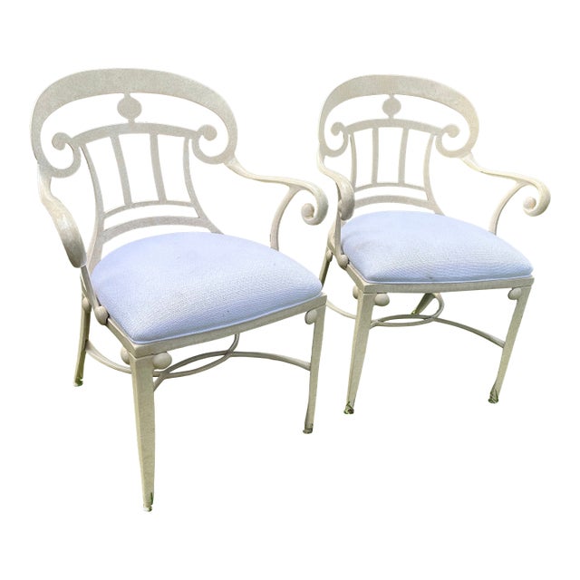 Pair of Vintage Veneman-Style Italian Regency Cast Aluminum Scroll Armchairs For Sale