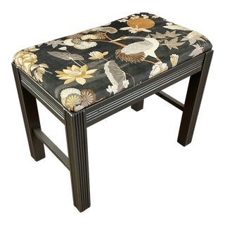 Mid-Century Chinoiserie Bench With Crane & Botanical Print Velvet Seat, Newly Reupholstered For Sale