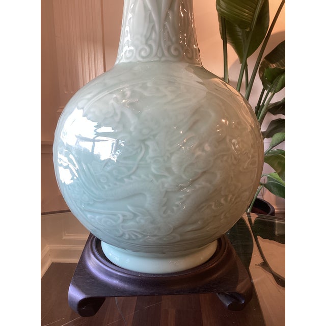 Late 20th Century Celadon Embossed Dragon Porcelain Table Lamp, Newly Rewired With Custom Linen Drum Shade For Sale In Atlanta - Image 6 of 7