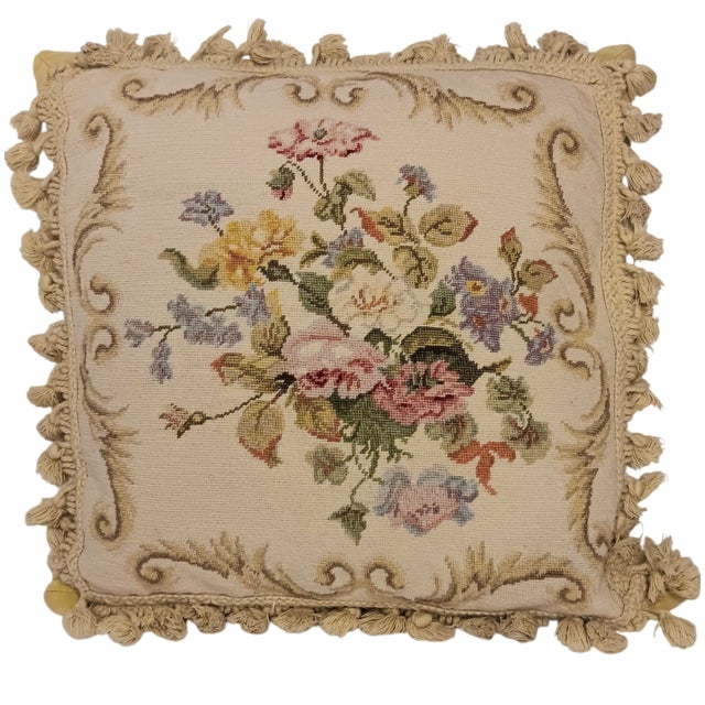 Vintage Petit Point Needlepoint Multicolor Floral Pillow With Feather Insert For Sale - Image 16 of 17