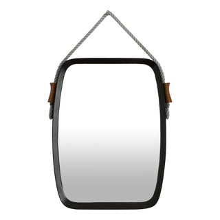 Rectangular Mirror with Wooden Frame and Leather Cord Details, 1950s For Sale