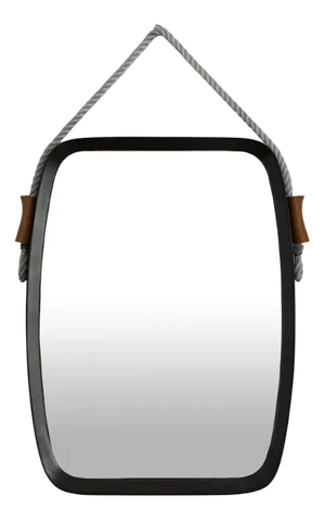 Rectangular Mirror with Wooden Frame and Leather Cord Details, 1950s