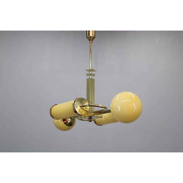 Czech Art Deco Brass Chandelier with Globe and Opaline Shades, 1930s For Sale - Image 3 of 18