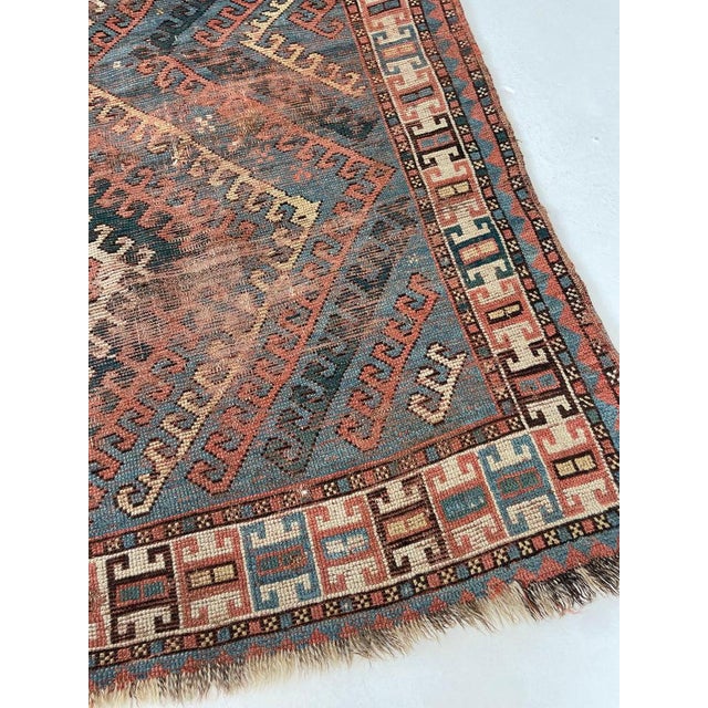 Antique with Ram Horn Outlined Diamonds with Terracotta, Emerald Green, & Wheat Hues Caucasian Rug 4.4 x 6.4 For Sale - Image 12 of 16