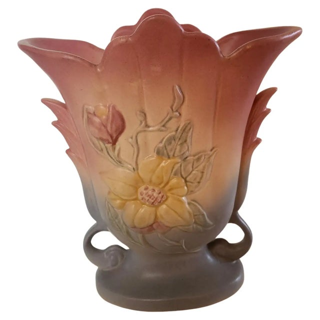 Weller Pottery 1950s Hull Pottery Pink Flower Vase Art Deco Double Handle For Sale - Image 4 of 7