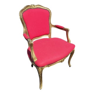 Vintage French Louis XV Style Giltwood Armchair with Rococo Carved Frame and Nailhead Trim, 1940s For Sale