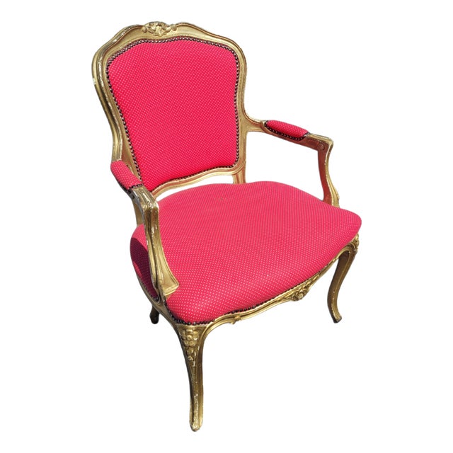 Vintage French Louis XV Style Giltwood Armchair with Rococo Carved Frame and Nailhead Trim, 1940s For Sale