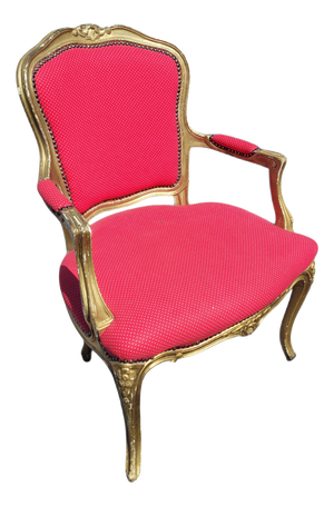 Vintage French Louis XV Style Giltwood Armchair with Rococo Carved Frame and Nailhead Trim, 1940s