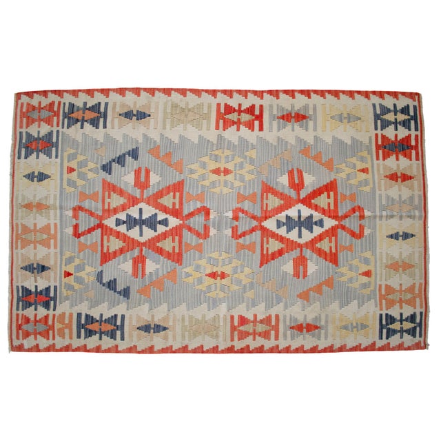 Vintage Turkish Kilim – Handwoven Wool Flat Weave Rug With Tribal Geometric Design For Sale - Image 4 of 12