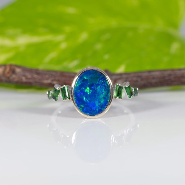 2020s Boulder Opal Cabochon Ring With Tsavorite Garnet Accents: Solid 14k Gold, Size 6.75 For Sale - Image 5 of 9