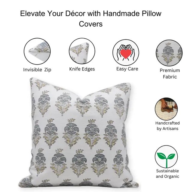 Fabdivine Floral Block Print Pillow Cover 18x18 Inch Off-White Linen-Mor Mukut For Sale - Image 4 of 4