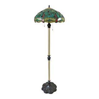 Vintage Tiffany Style Dragonfly Stained Glass 2 Light Pull Chain Floor Lamp For Sale