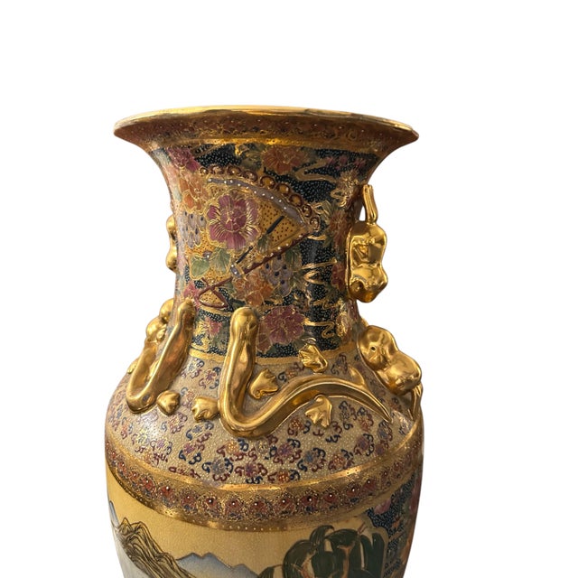Vintage Royal Satsuma-Style Hand-Painted Porcelain Floor Vase With Gilt Dragon Handles For Sale - Image 4 of 12