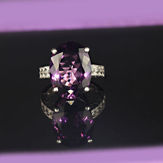 Traditional Oval Amethyst in Sterling Silver Engraved Ring For Sale - Image 3 of 4