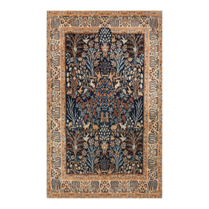 Elegant Dark Blue Ground With Tan-Camel Border and Intricate Floral-Geometric Pattern Antique Persian Nain Rug