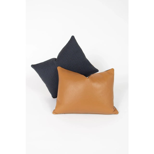 2020s Contemporary Tan Leather + Blue Contrast Pillow For Sale - Image 5 of 7
