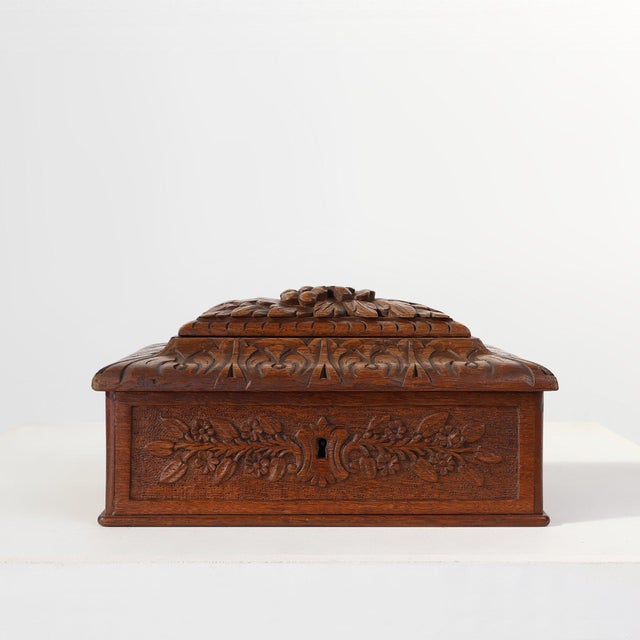 Antique French Sculpted Sewing Box in Oak, 1890s For Sale - Image 14 of 14