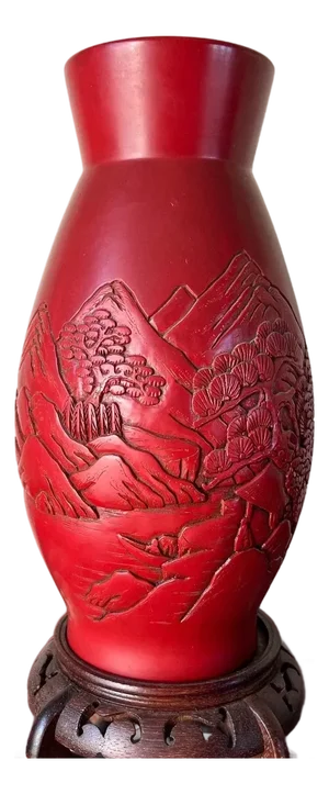 Vintage 12" Hand-Carved Cinnabar Lacquer Vase - Large Landscape & Pine Tree