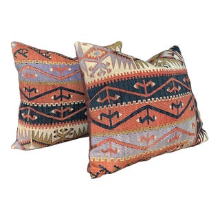 Handwoven Antique Kilim Rug Pillows, Geometric Design, 20th Century For Sale