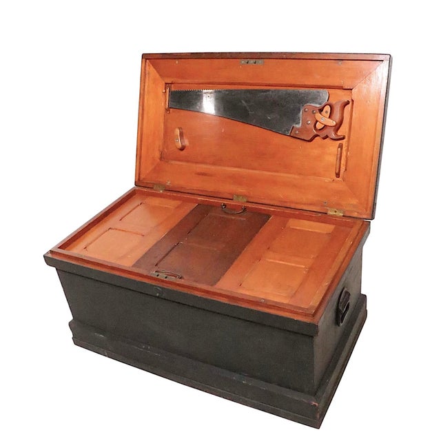 Antique Fitted Wood Carpenters Box Trunk Coffee Table For Sale - Image 9 of 18