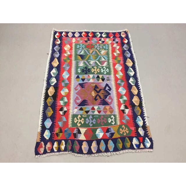 Small Vintage Turkish Black, Red, Blue, and Green Wool Tribal Kilim Rug, 1950s For Sale - Image 4 of 11