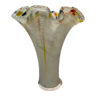 Vintage Genuine Italian Murano Style White Color Dots Tammaro Glass Vase For Sale
