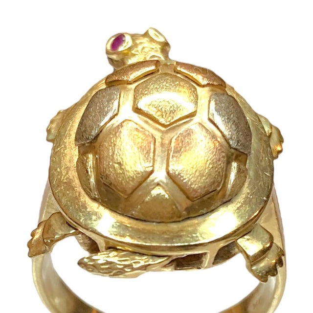 Late 20th Century Late 20th Century Large 14k Articulating Turtle Ring With Ruby Eyes For Sale - Image 5 of 9